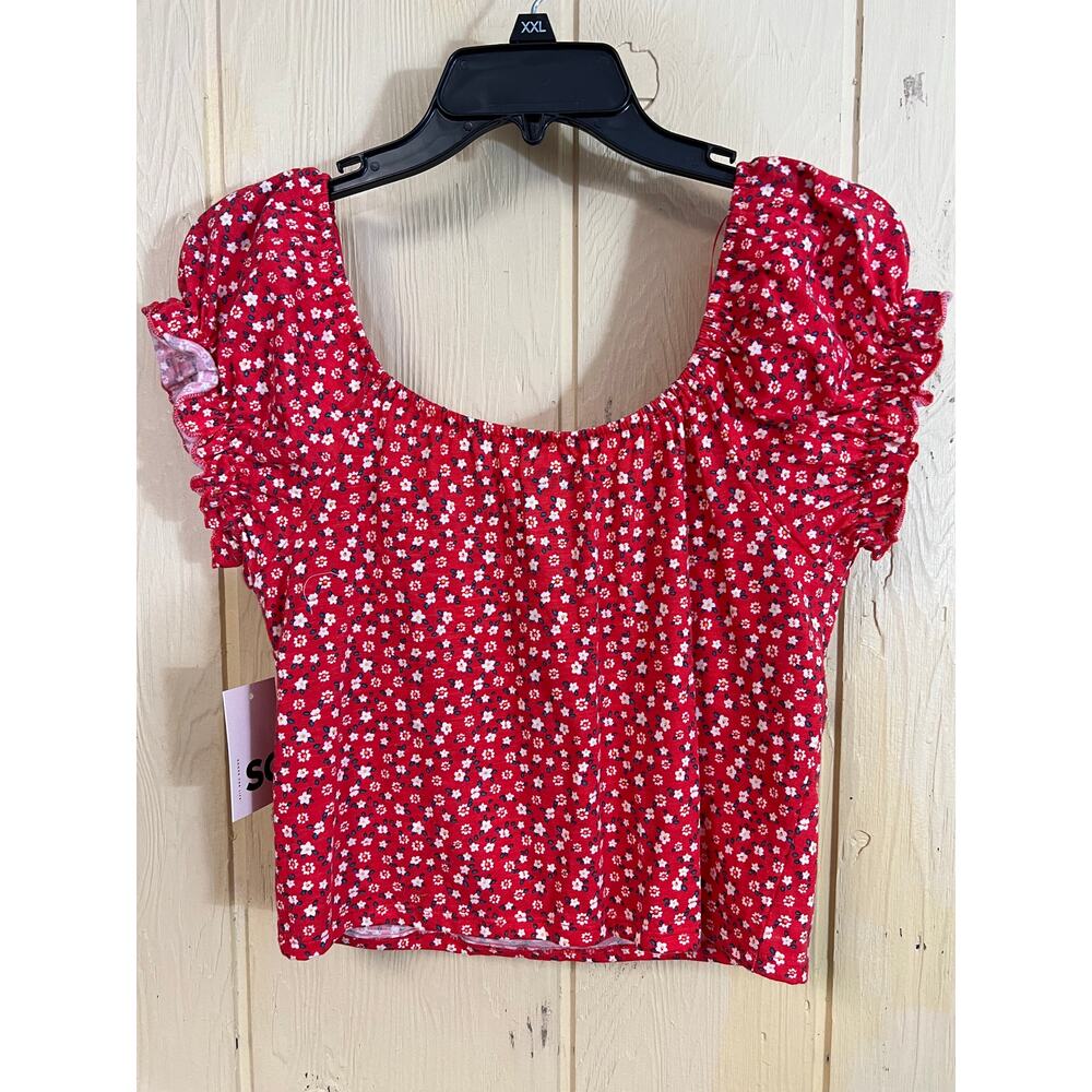 💜3/$25 💜 Puff Sleeve Crop TOP Juniors PLUS XXL 19 Ditsy Red Floral Blouse NEW - Picture 8 of 9